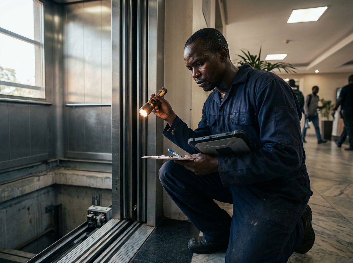 A Konza Elevators technician carrying out a maintenance inspection